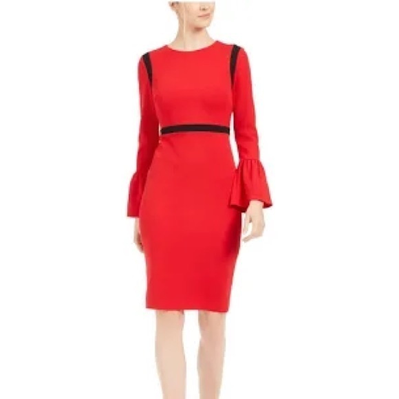 Calvin Klein Red Bell Sleeves Color-blocked Knee Length Sheath Dress Size 4 - Picture 1 of 10